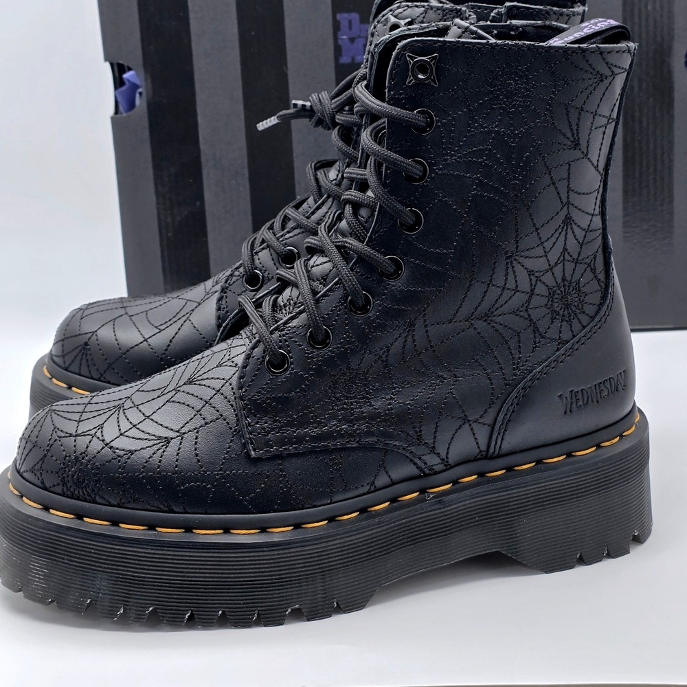Dr. Martens Jadon Wednesday Addams Boots Womens 7 Black Spiderweb Nappa Lux New - Picture 4 of 15
